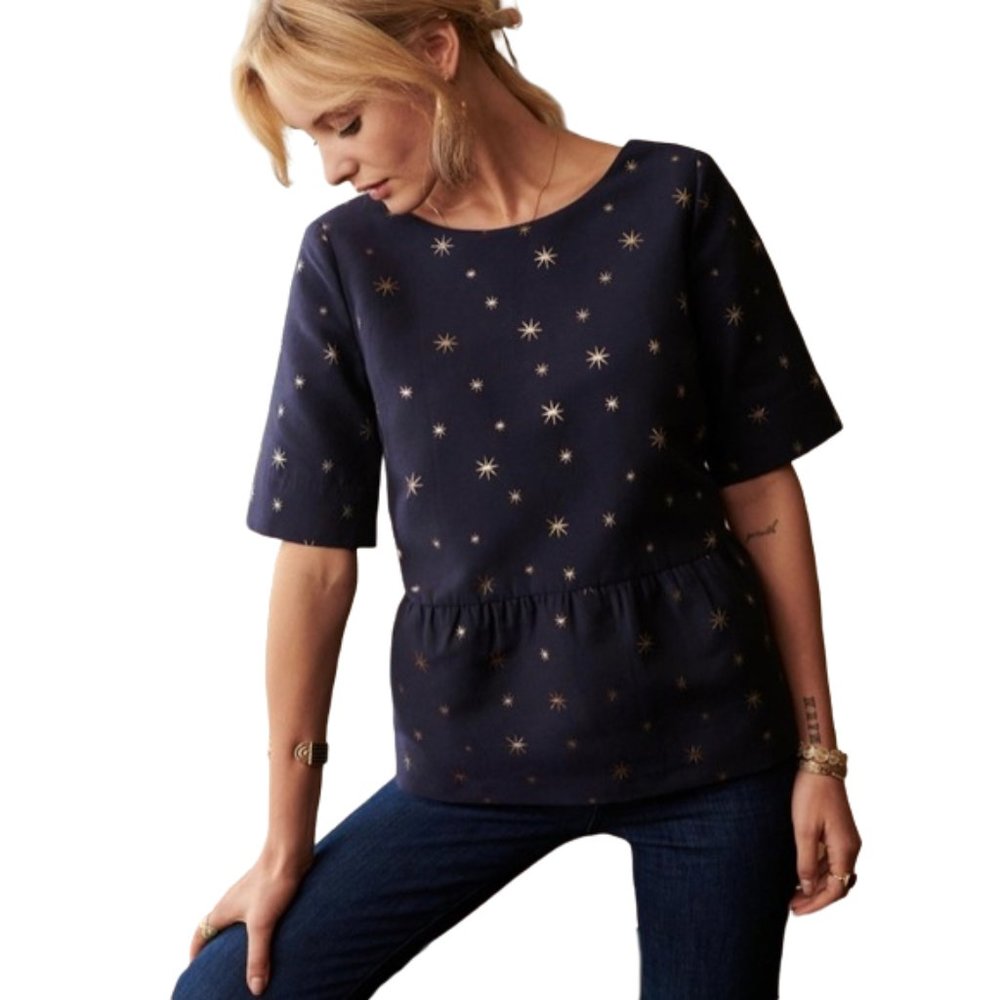 Sezane Amele Blouse Top Navy Blue Gold Stars Cotton Blend Women's Size 42